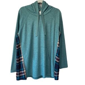 LOGO Lounge Lori Goldstein Green Plaid Pullover Hoodie Top Sz L